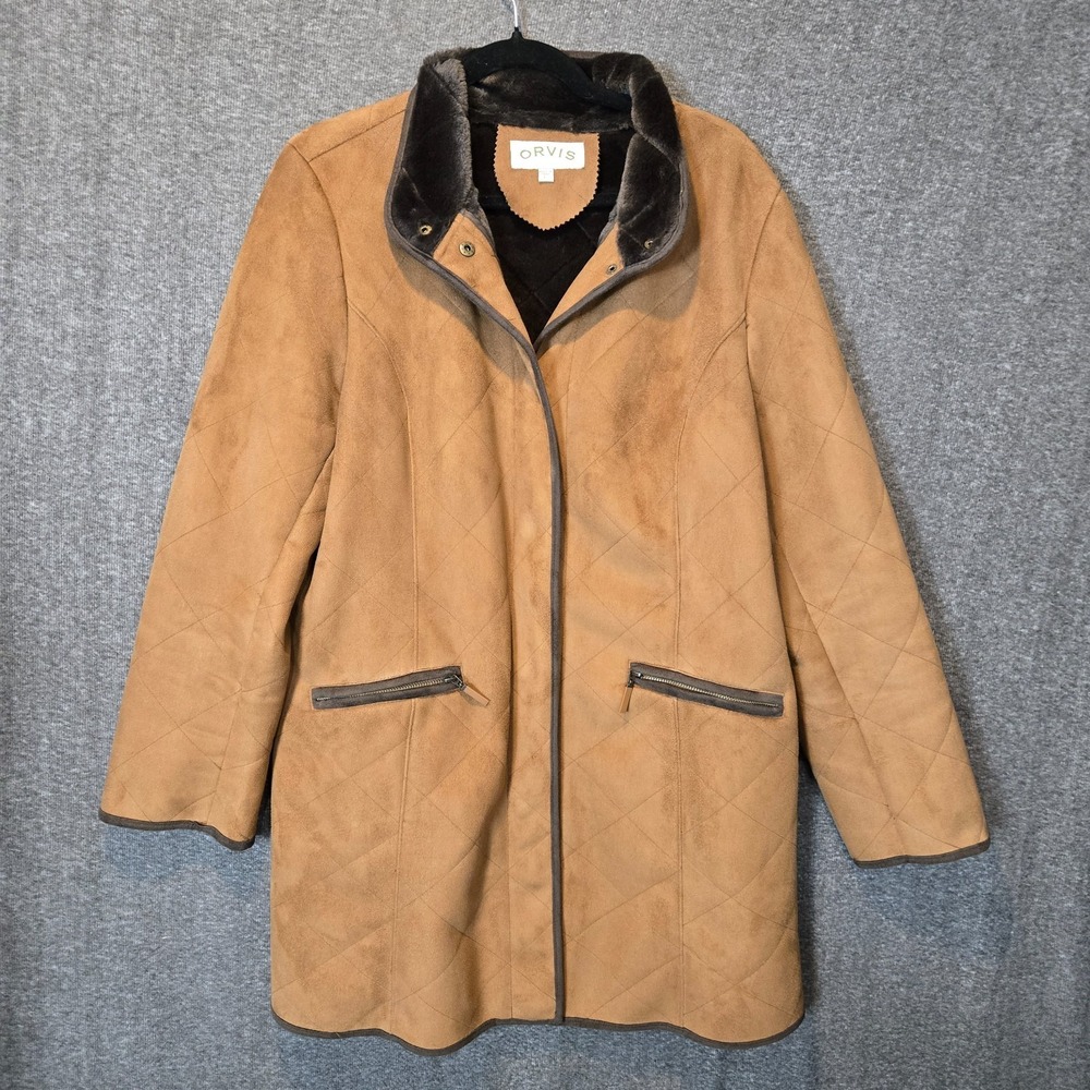Orvis Quilted Coat Womens  Brown Faux Suede Sporting Traditions Faux Fur Lined L